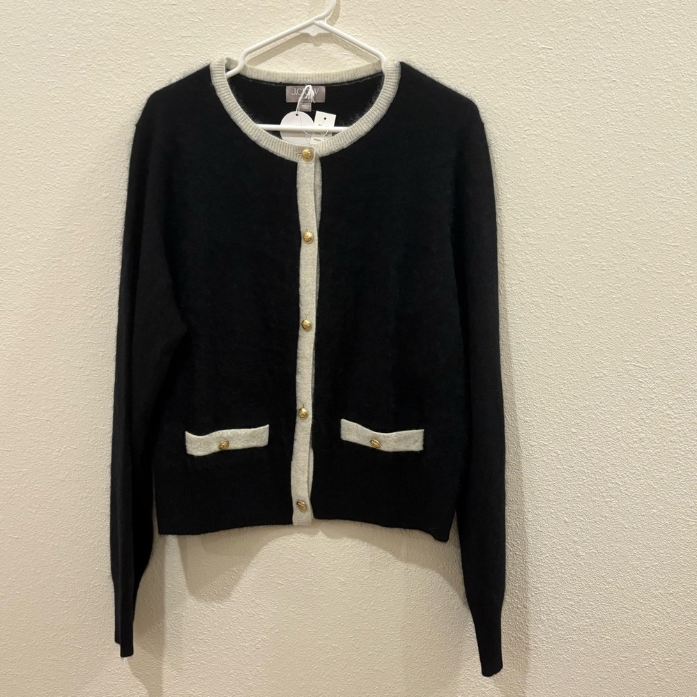 J. Crew Black and Ivory Cashmere Cardigan with Gold Buttons NWT